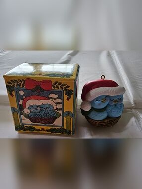 Avon Blue Bird in Santa Hat Holiday Ornament - Blue, Red, White